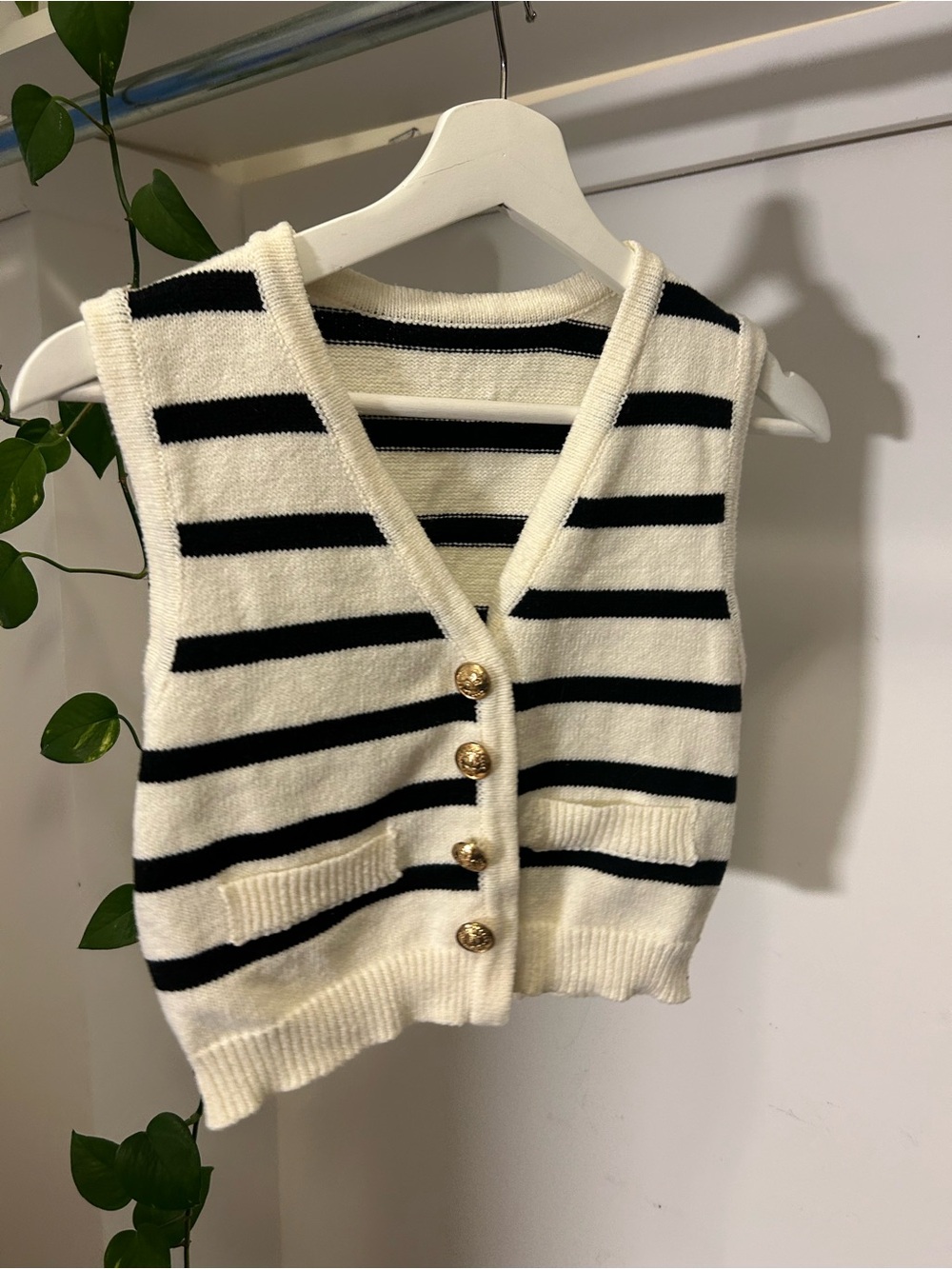 Striped Knit Button-Front Sweater Vest in Cream and Black